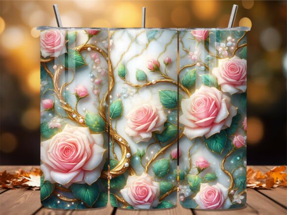 Transform Your 20 Oz Tumblers with the 3D Pink Rose Marble Tumbler Wrap PNG